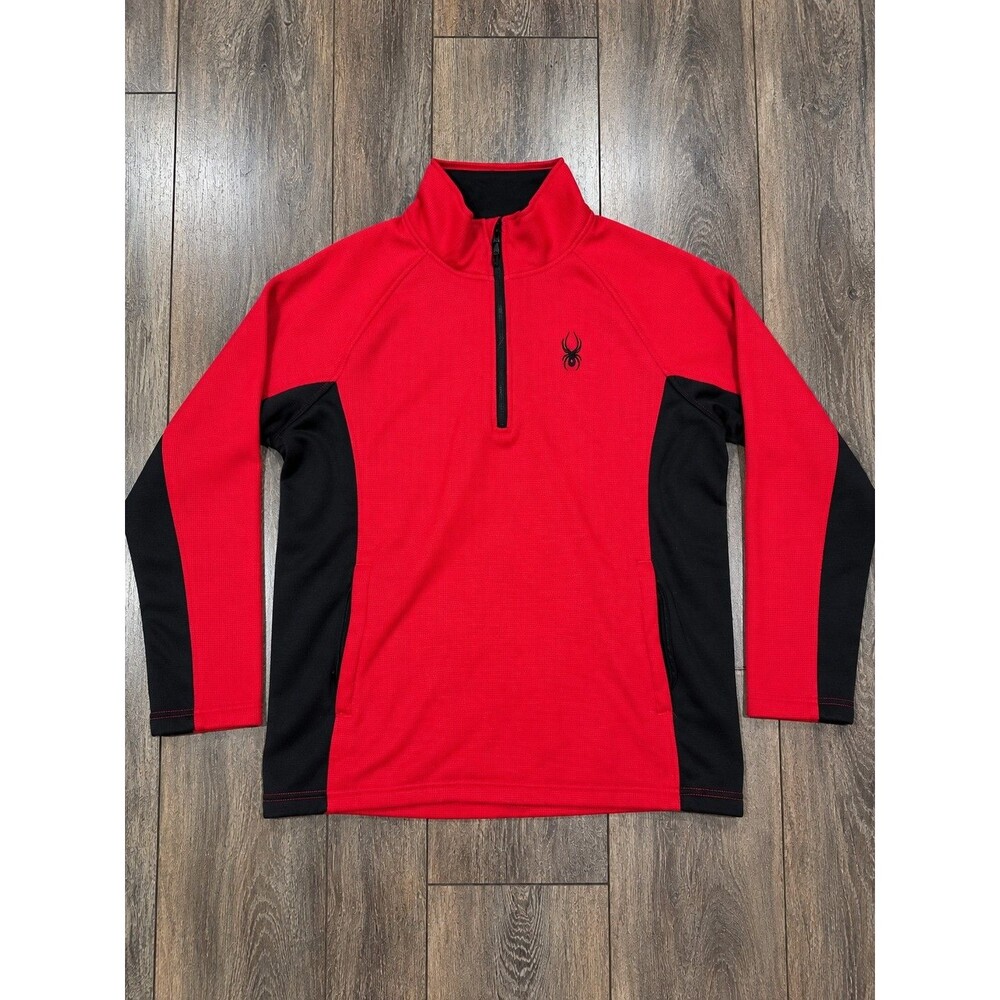 Spyder Mens XL Red Black 1/4 Zip Waffle Knit Fleece Pullover Ski Outdoor